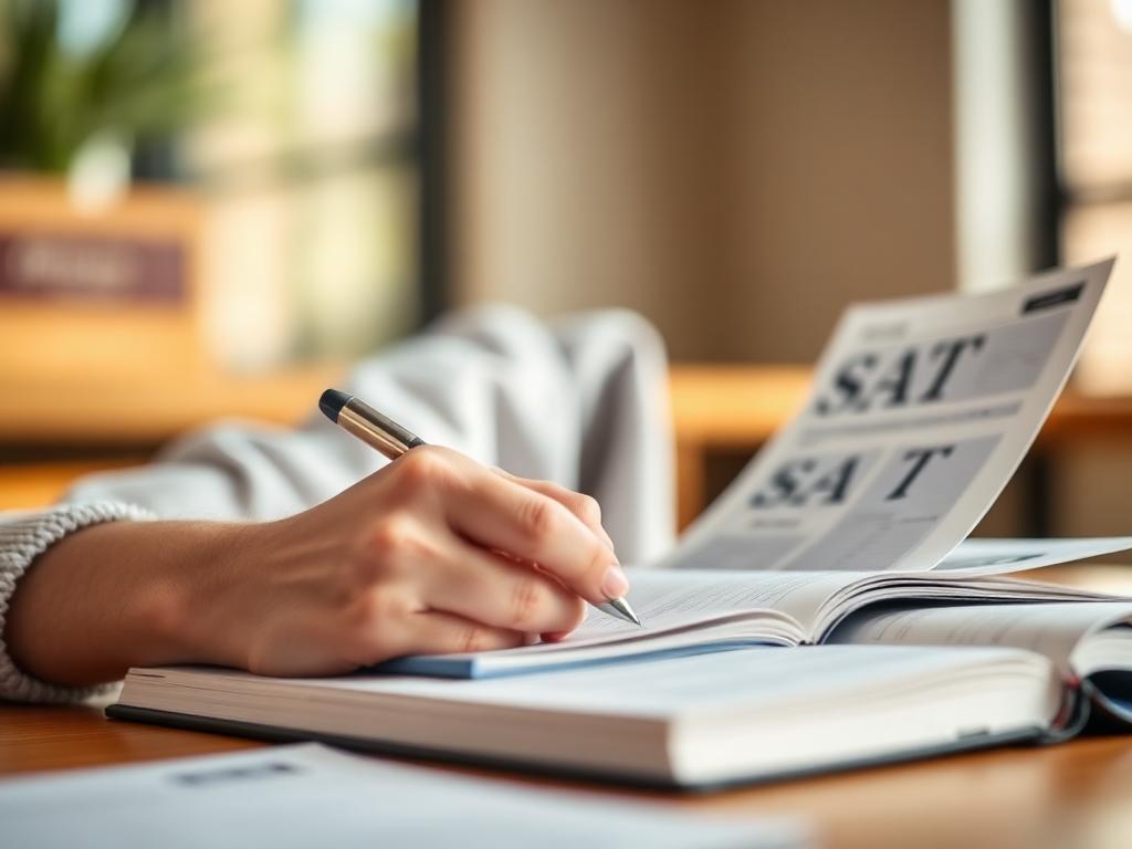 Student writing notes with SAT prep material